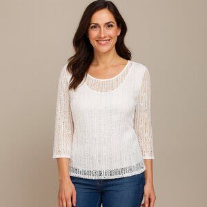 Peck & Peck Elegant White Crochet Lace Top w/ Camisole | 3/4 Sleeve | Size M